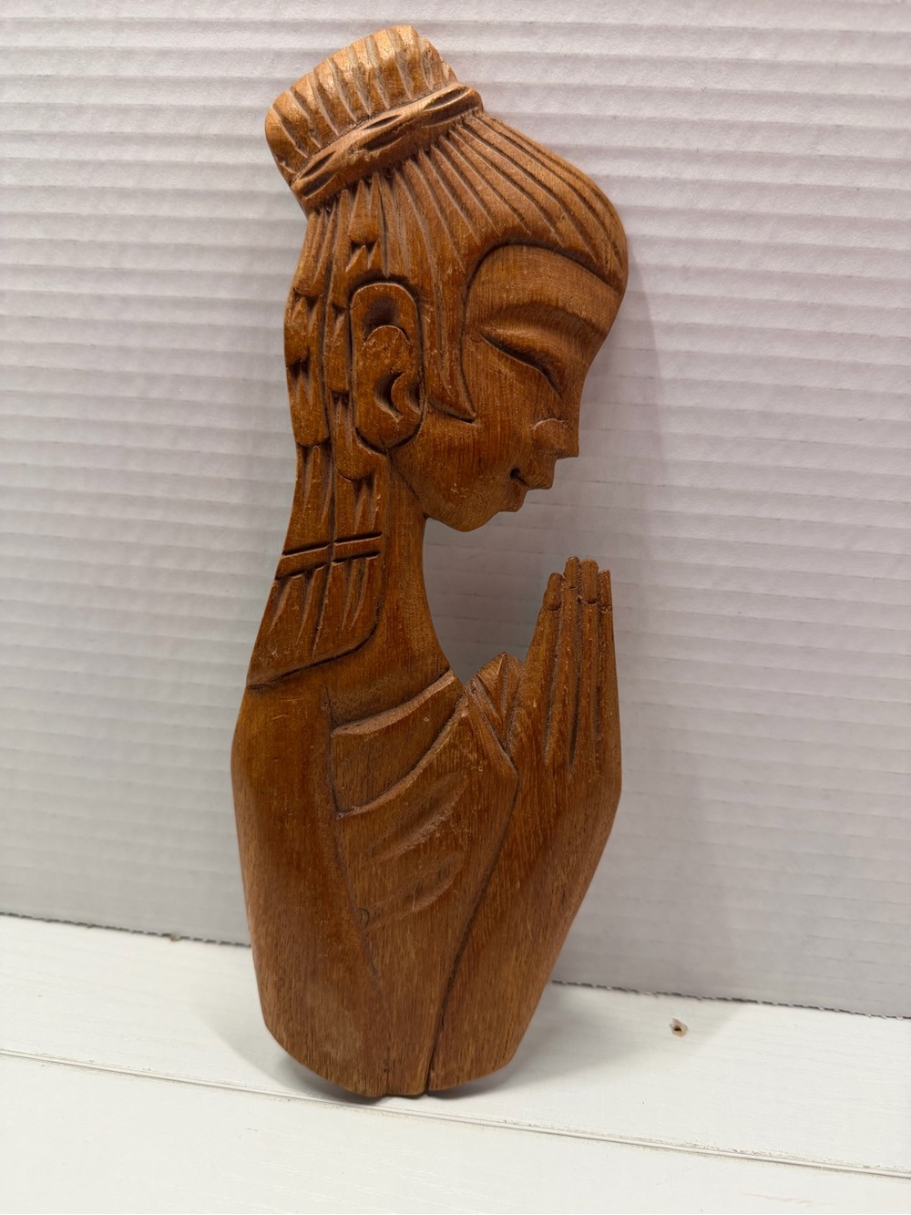 MCM Vintage Natural Carved Teak Wood Woman Praying Meditation Wall Decor